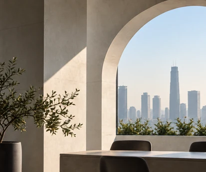 An architectural alcove overlooking a city, illustrating shelter and perspective